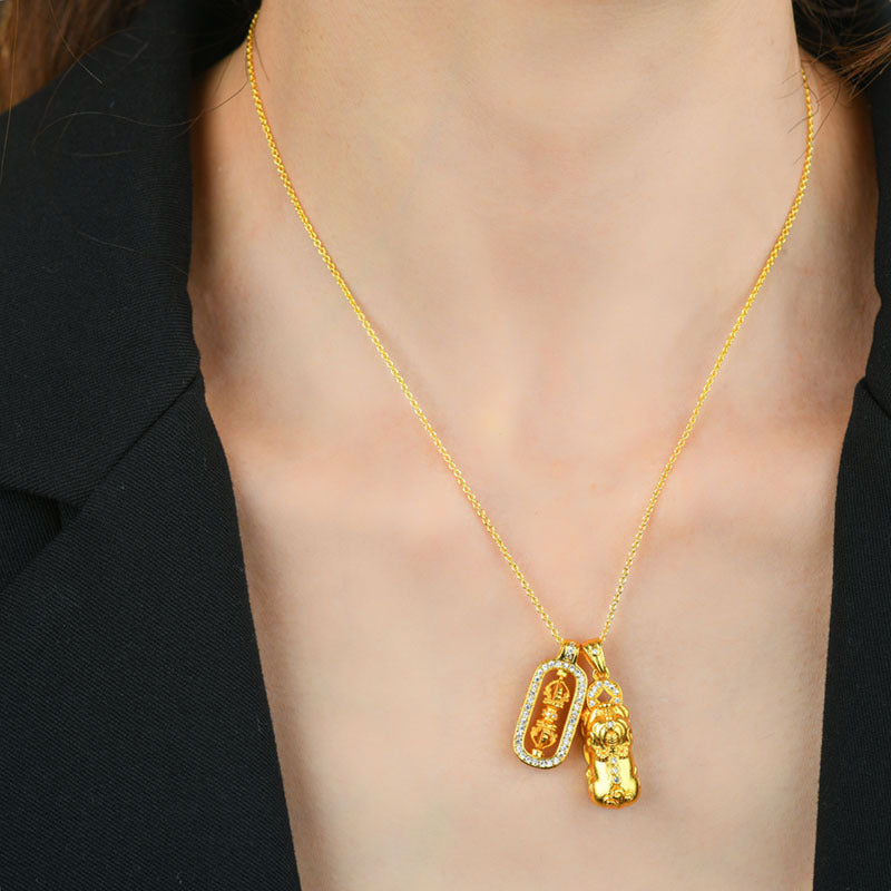Gold Sand Gold Inlaid Diamond Pixiu Vajra Pendant Necklace | Ancient Craftsmanship Retro Collar Chain
