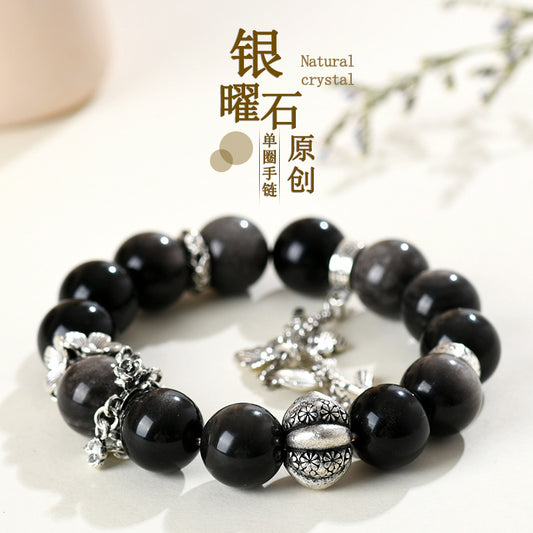 Natural Silver Obsidian Original Bracelet New Large Particle Round Beads National Style Men and Women Couple Style Hot Selling Bracelet Jewelry