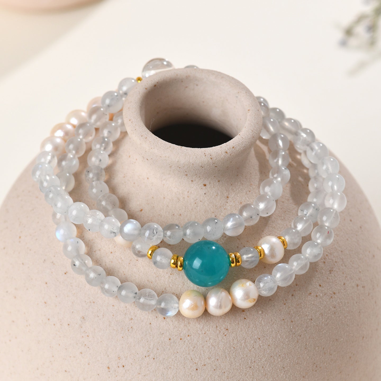 Natural Moonstone & Tianhe Stone Three-Layer Bracelet with Pearl Accents – S925 Silver Harmony Jewelry for Women
