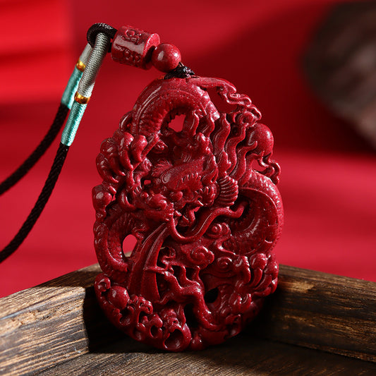 Dragon Soaring Four Seas Natural Cinnabar Double-Sided Carved Pendant Necklace