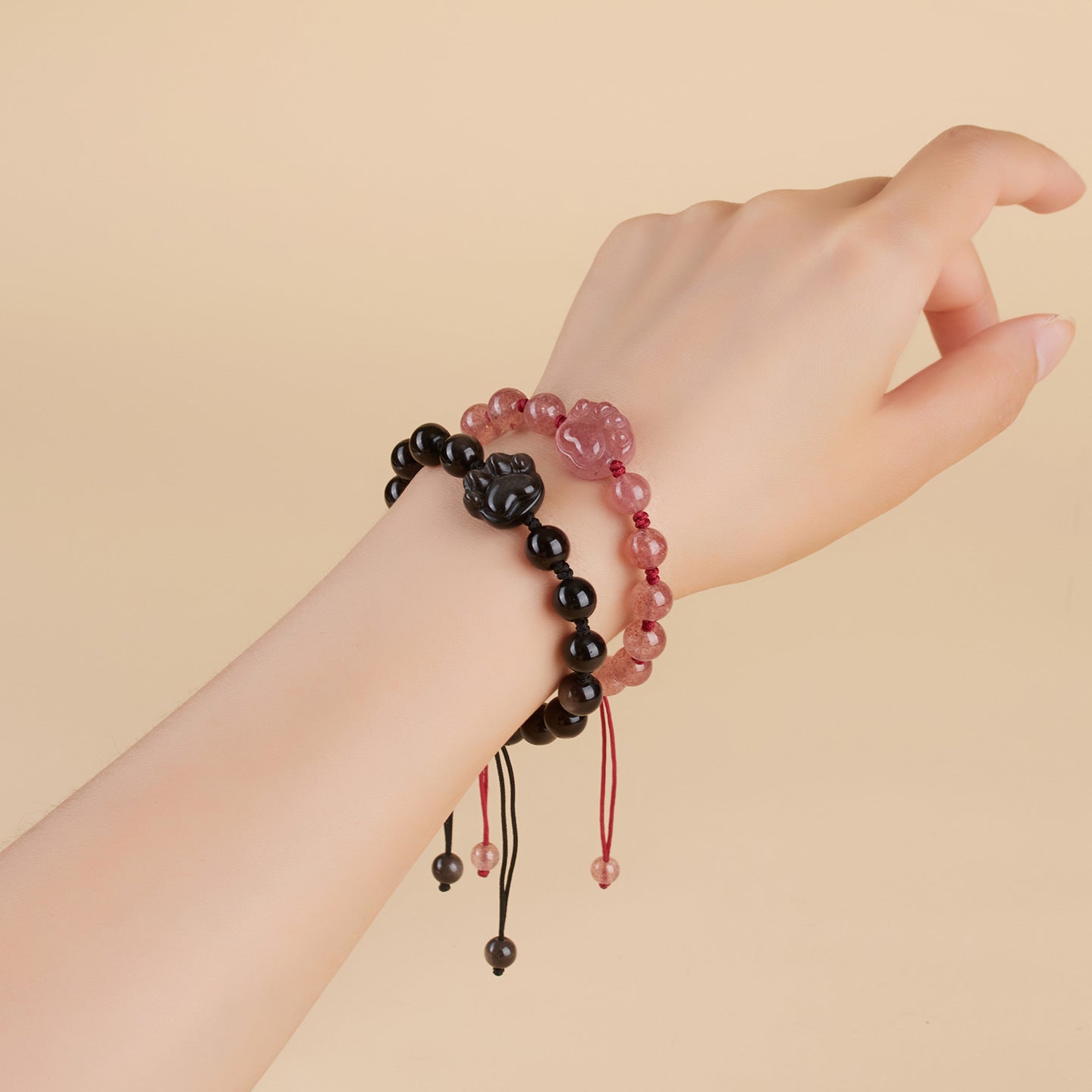 Natural Silver Obsidian Strawberry Crystal Cat Claw Couple Bracelet - Love Protection Handmade Bracelet