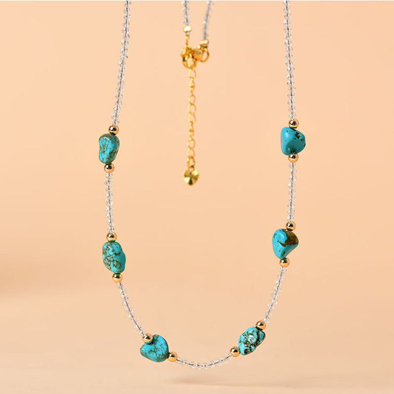 Fine-Cut White Crystal & Artificial Turquoise Collarbone Necklace | Adjustable Chain for Spiritual Harmony