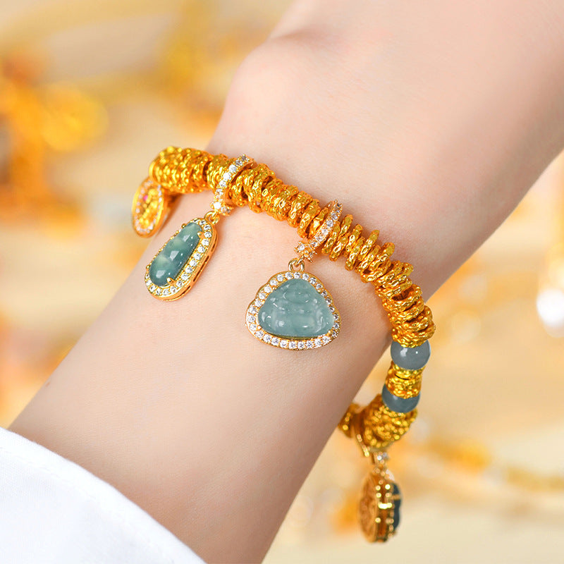 Golden Coiled Natural Jade Multi-Gem Bracelet | Wealth & Protection Talisman