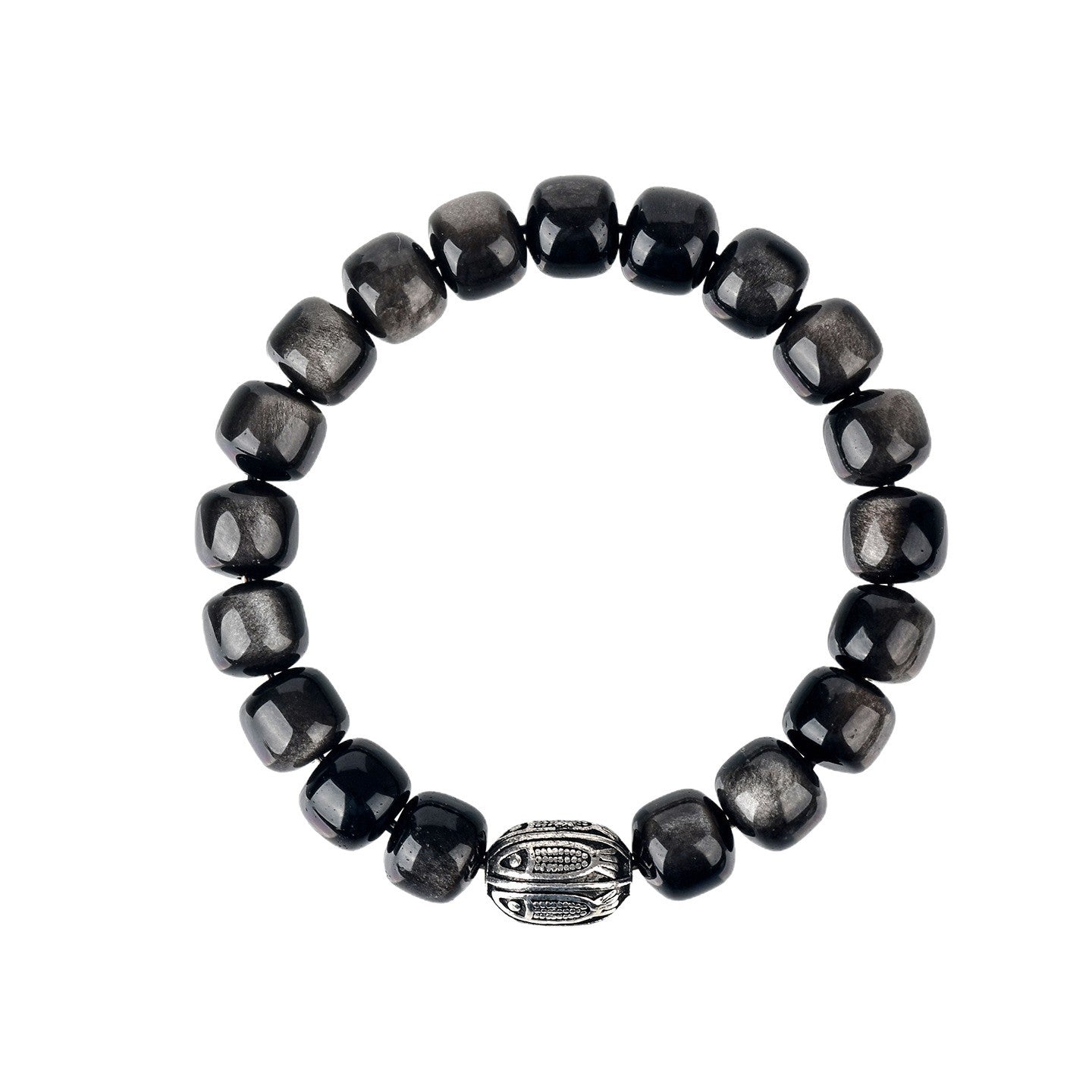 Natural Silver Obsidian Koi Bracelet - Ancient Bead Chinese Style Unisex Protection Amulet