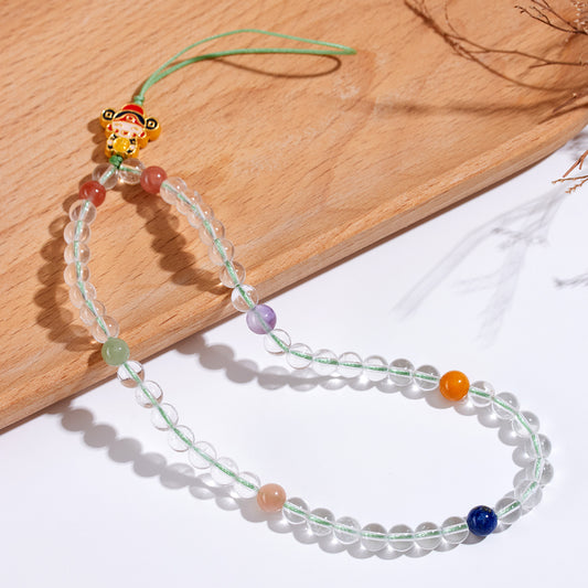 Natural White Crystal God of Wealth Phone Chain - Multi-Gem Chinese Style Pendant for Prosperity