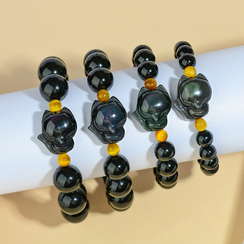 Mystical Double Eye Obsidian Fox Bracelet - Natural Crystal Protection Charm for Couples