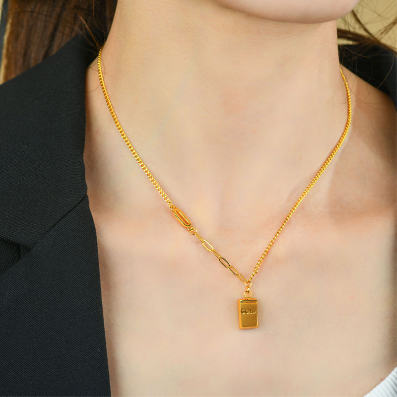 Golden Wealth Brick Pendant Necklace | Elegant Clavicle Chain for Prosperity and Luck