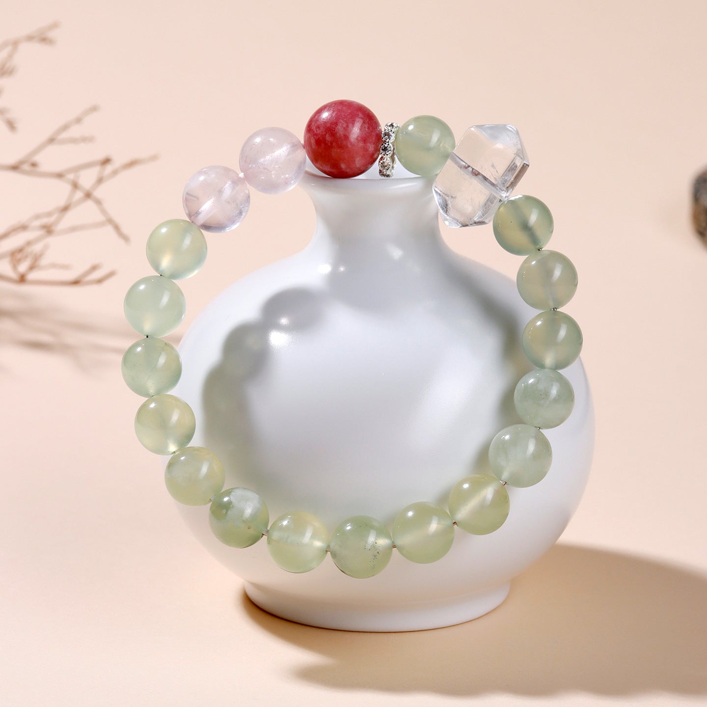Natural Xiuyan Jade Bracelet with Ice Pink Crystal and Cherry Blossom Motifs