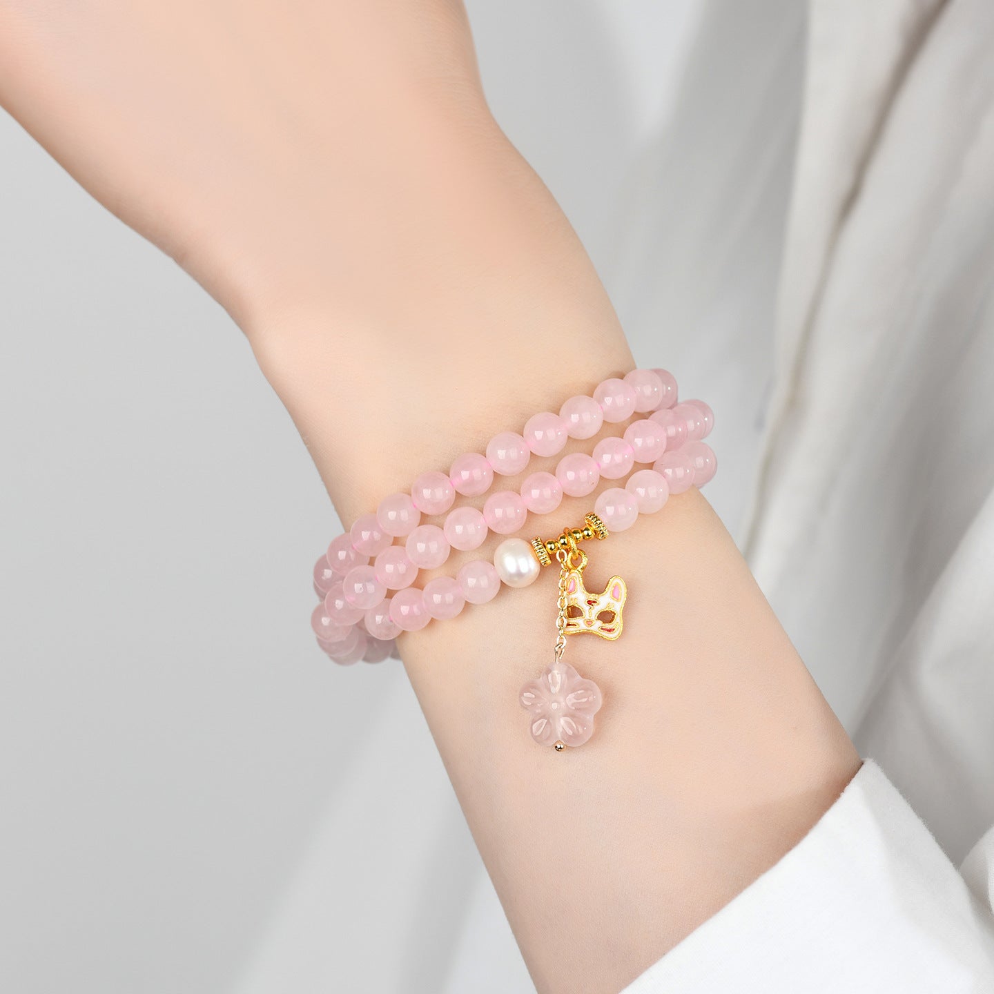 Natural Madagascar Pink Crystal Multi-Circle Love Bracelet with Fox Mask Charm