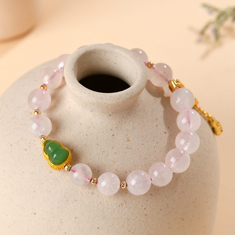 Natural Pink Quartz Gourd Tassel Bracelet | Peach Blossom Love Charm for Women