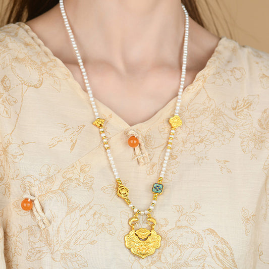 Natural Freshwater Pearl Koi Peace Lock Necklace | Auspicious Chinese Style Collarbone Chain