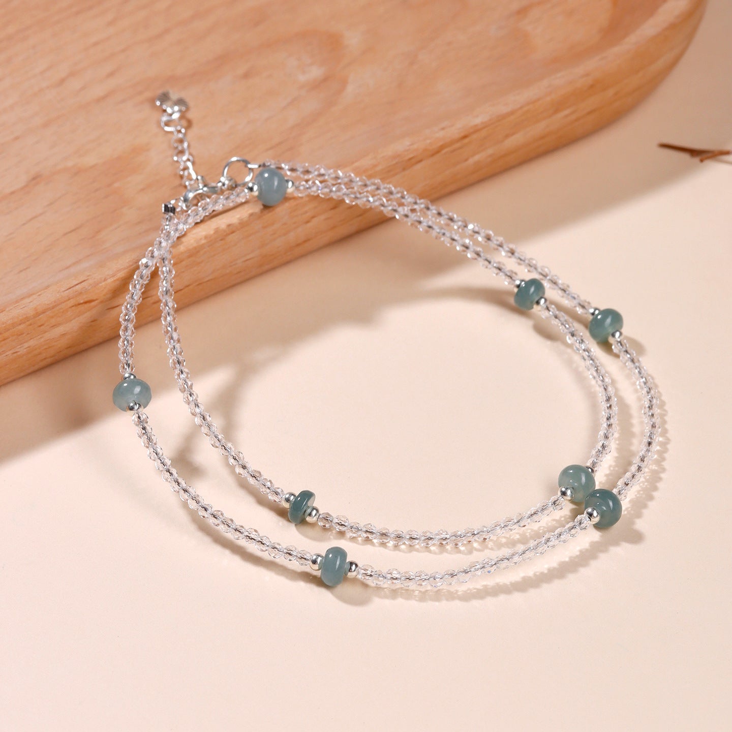 Natural White Crystal & Blue Water Jade Collarbone Necklace | Elegant Extension Chain for Women