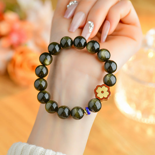 Gold Obsidian Double Eye Bracelet with Lucky Clover - Feng Shui Protection & Wealth Attraction
