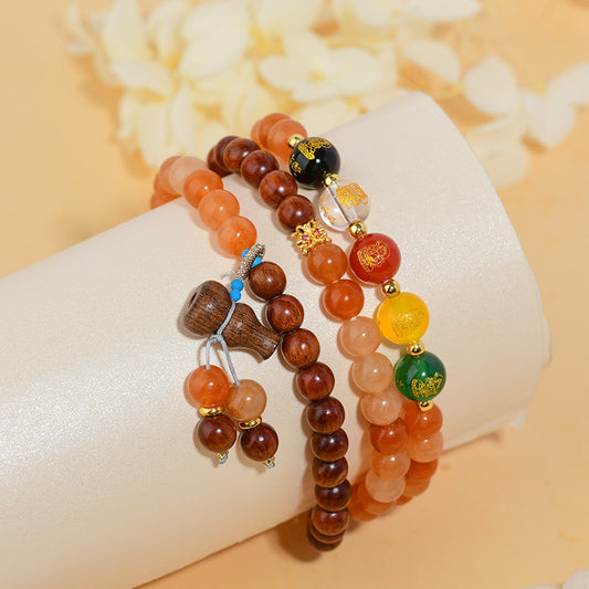 Golden Silk Jade Rosewood Three-Circle Bracelet: Five-Way God of Wealth Talisman for Prosperity