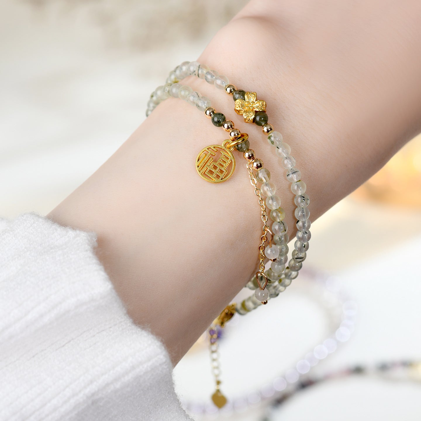 Natural Green Rutilated Quartz Fortune Bracelet | Double Circle Tassel Design for Women