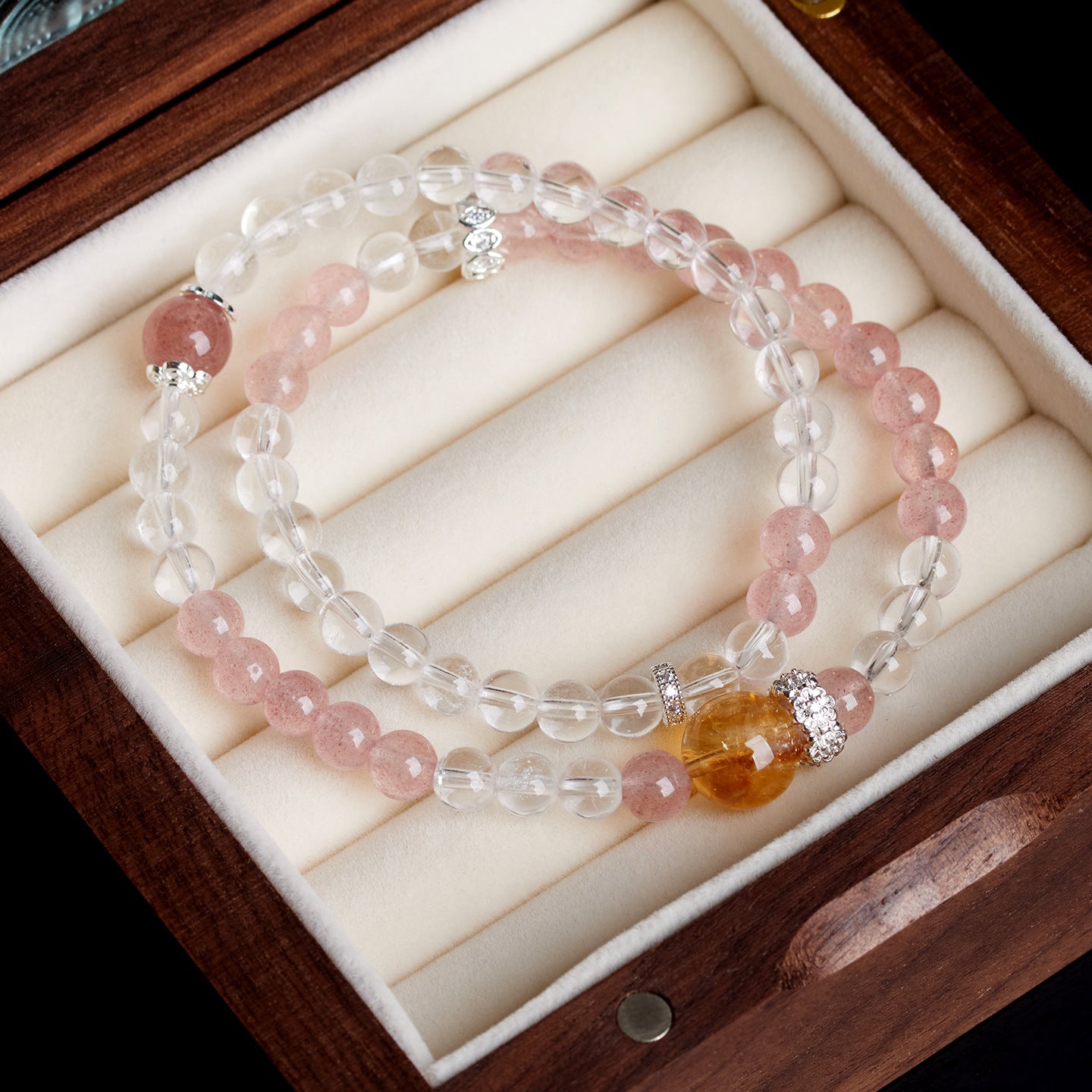 Strawberry Crystal & White Crystal Double Circle Bracelet - Peach Pink Love Charm for Women
