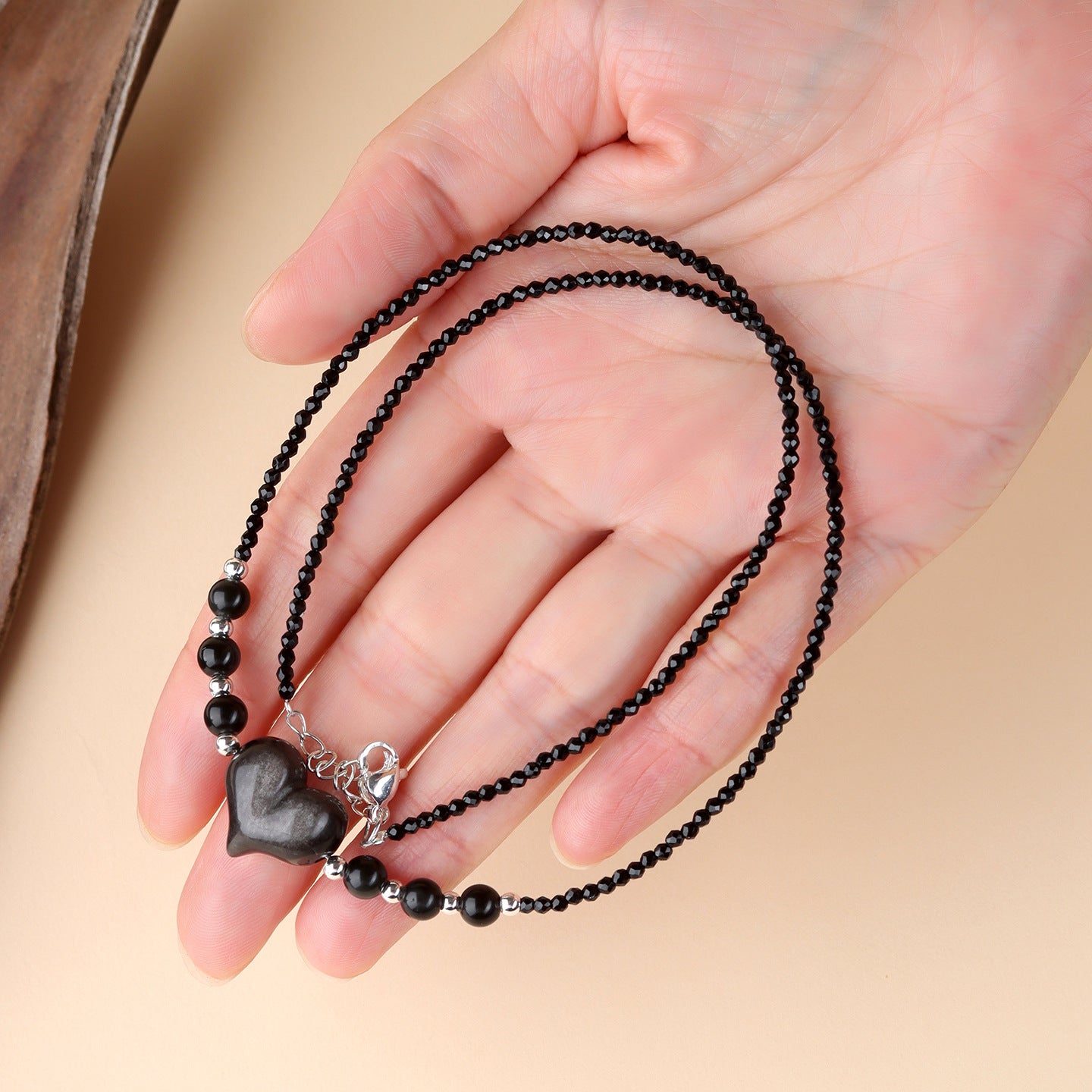 Natural Silver Obsidian Heart Necklace | Adjustable Collarbone Chain for Women