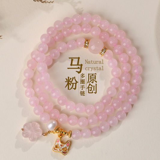 Natural Madagascar Pink Crystal Multi-Circle Love Bracelet with Fox Mask Charm