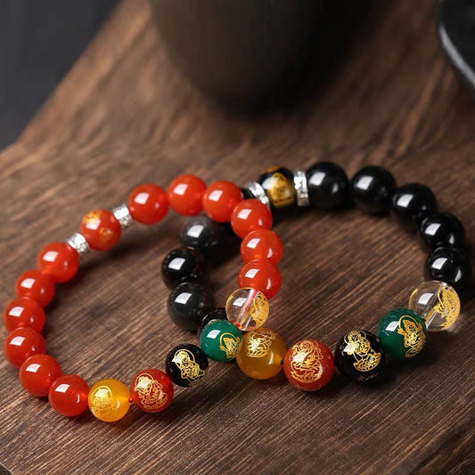Five-Way God of Wealth Zodiac Guardian Buddha Agate Obsidian Bracelet - Fortune & Protection Talisman