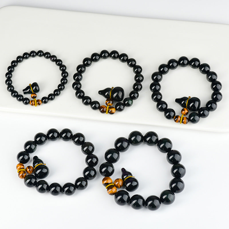 Natural Double Color Eye Obsidian Gourd Bracelet - Buddha Beads for Spiritual Protection & Fortune
