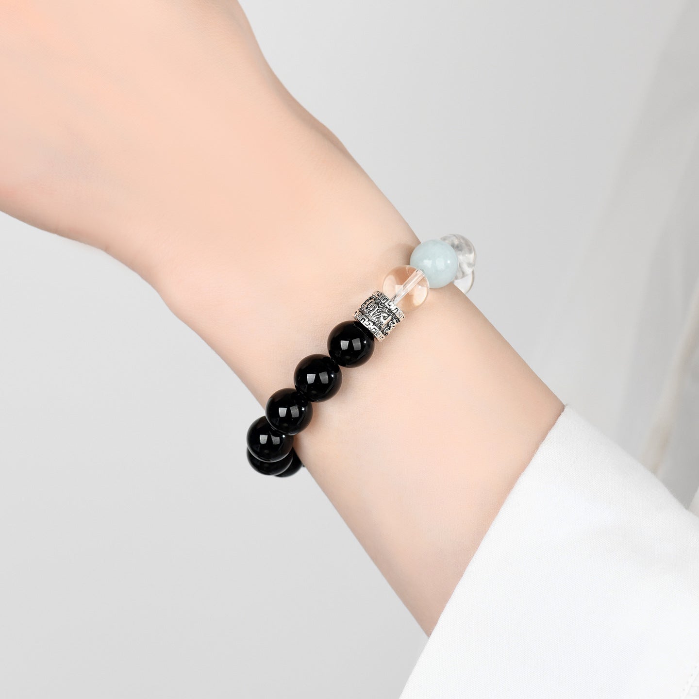 Pure White Crystal Obsidian Aquamarine Bracelet | Spiritual Cleansing & Elegant Protection