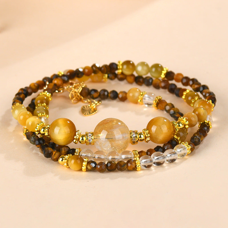 Natural Yellow Tower Crystal & Tiger Eye Three-Circle Necklace Bracelet for Women | Wealth & Protection Talisman