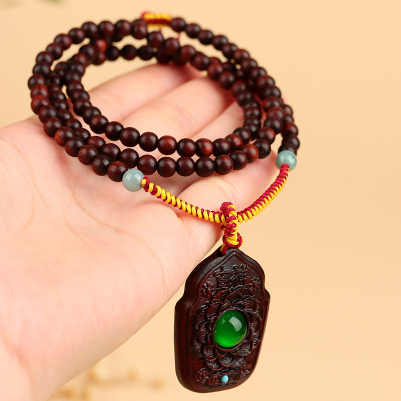 Small Leaf Red Sandalwood Double-Sided Carved Buddhist Bead Necklace - Zen Harmony & Protection