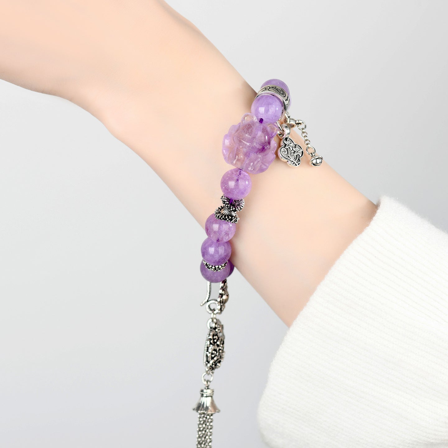 Lavender Amethyst Nine-Tailed Fox Bracelet with Flower Ball Tassel - Artistic Retro Romantic Women's Jewelry