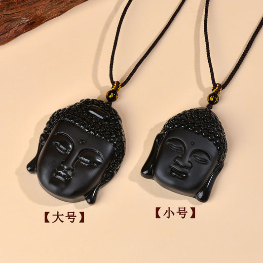 Natural Matte Obsidian Shakyamuni Buddha Head Pendant - Spiritual Protection Amulet