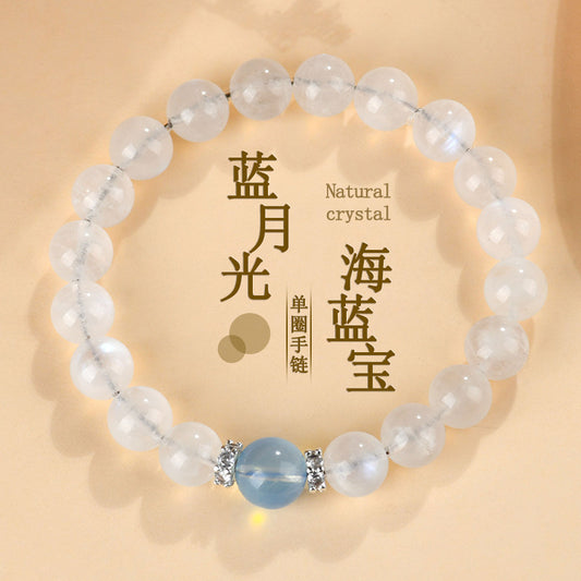 Natural Blue Moonstone Aquamarine Crystal Bracelet - Harmony Protection & Elegant Energy