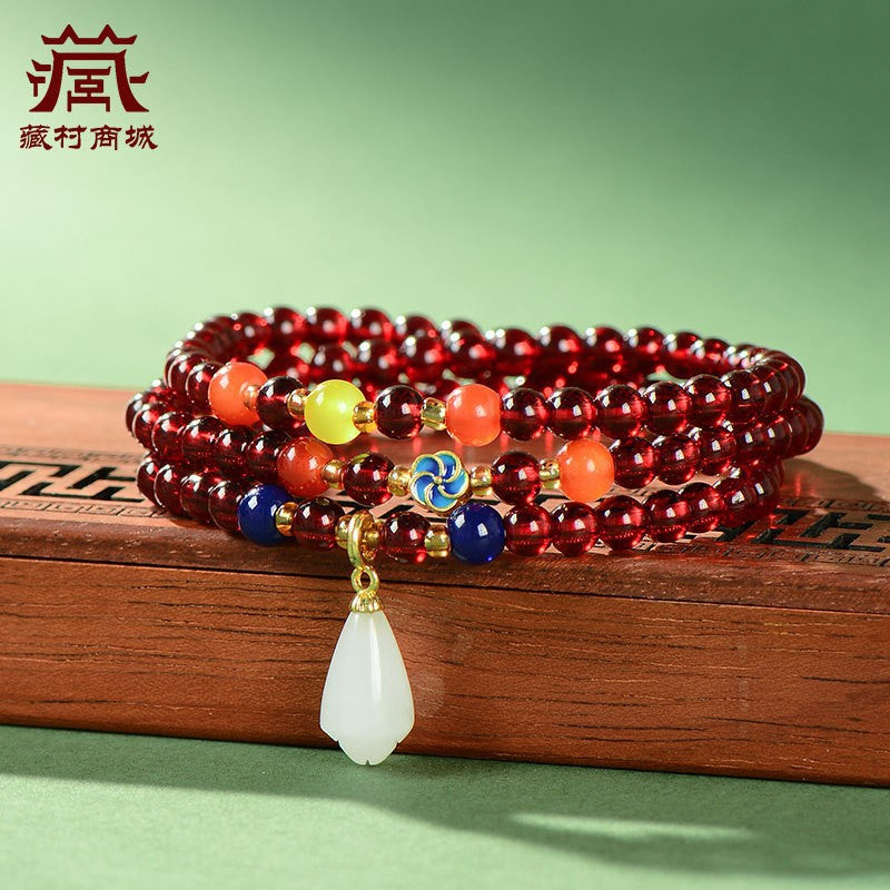 108Garnet Stone Bracelet Pure Color Tibetan Style Accessories Unisex Ethnic Style Jewelry Buddhist Beads