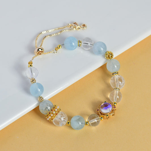 Aquarius Zodiac Crystal Bracelet | Natural White Crystal & Aquamarine Beads for Cosmic Energy