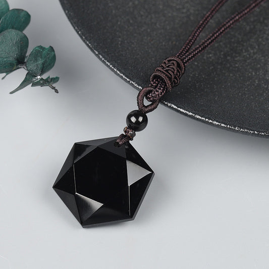 Natural Obsidian Hexagram Pendant - Spiritual Protection Amulet for Men & Women