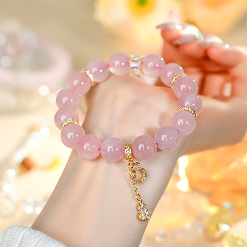 Natural Hibiscus Pink Crystal Beaded Bracelet | Large Round Beads Spiritual Jewelry for Women