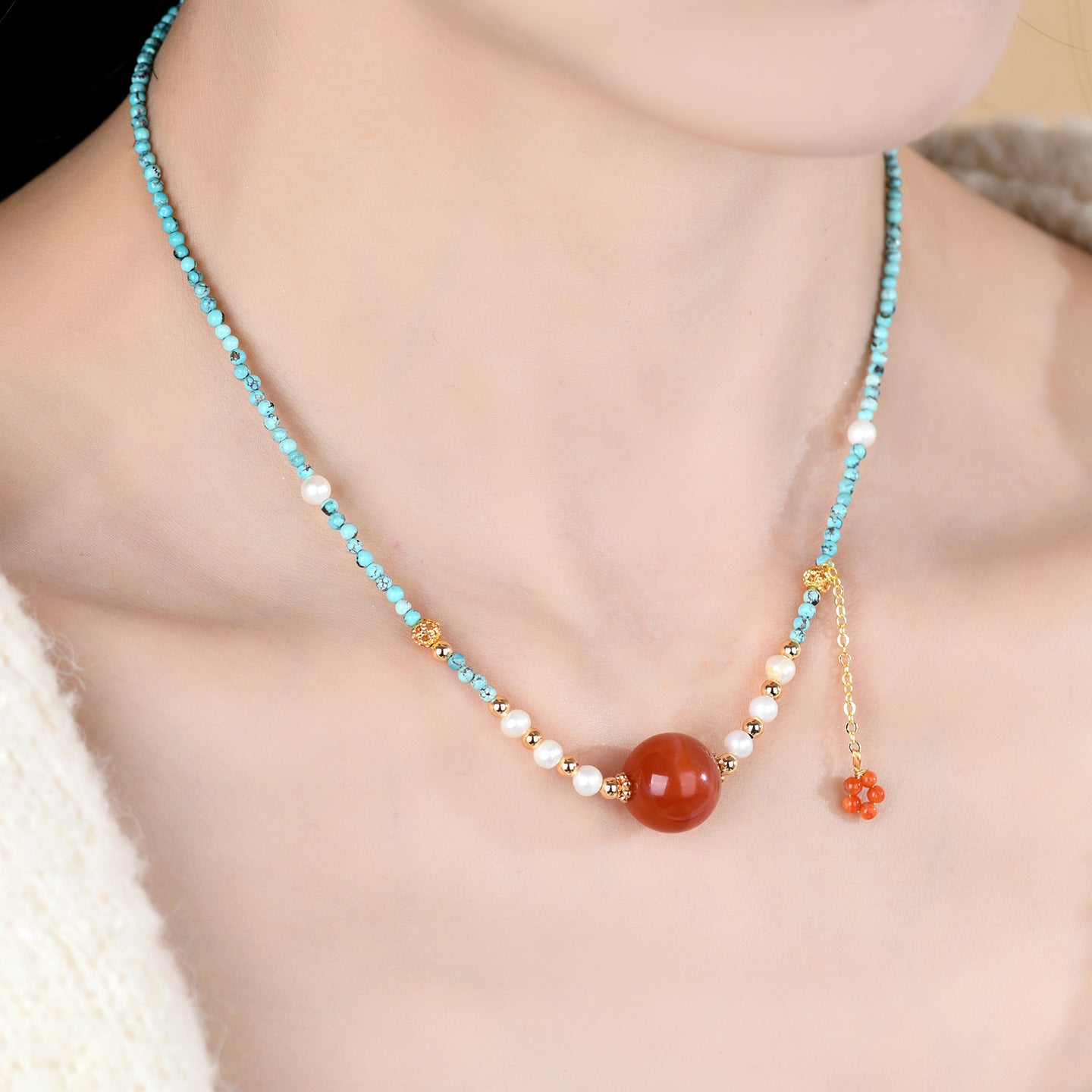 Natural Turquoise and Red Agate Collarbone Chain - Women's Spiritual Protection Necklace