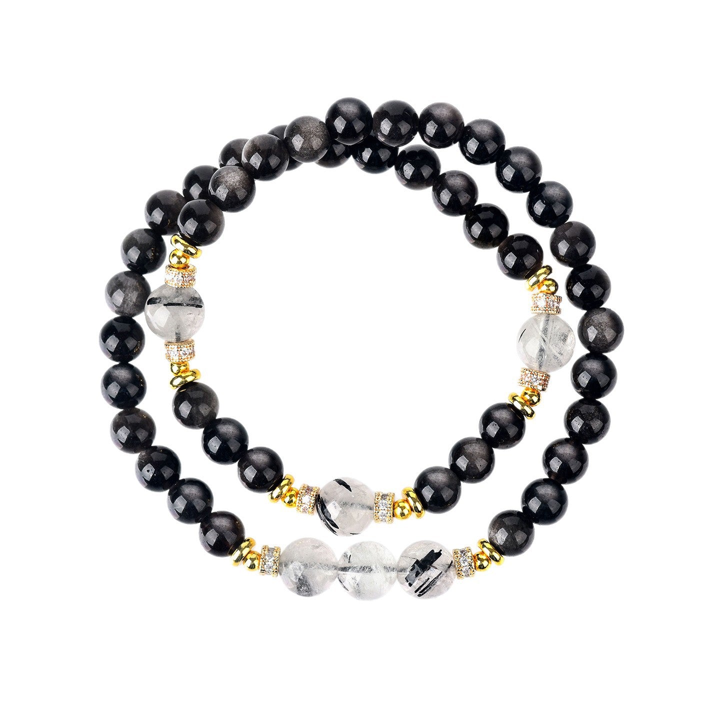 Natural Silver Obsidian & Black Rutilated Quartz Double Circle Bracelet | Chinese Style Spiritual Protection Jewelry