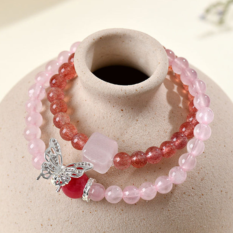 Natural Rose Quartz Strawberry Quartz Butterfly Double Circle Love Bracelet for Women