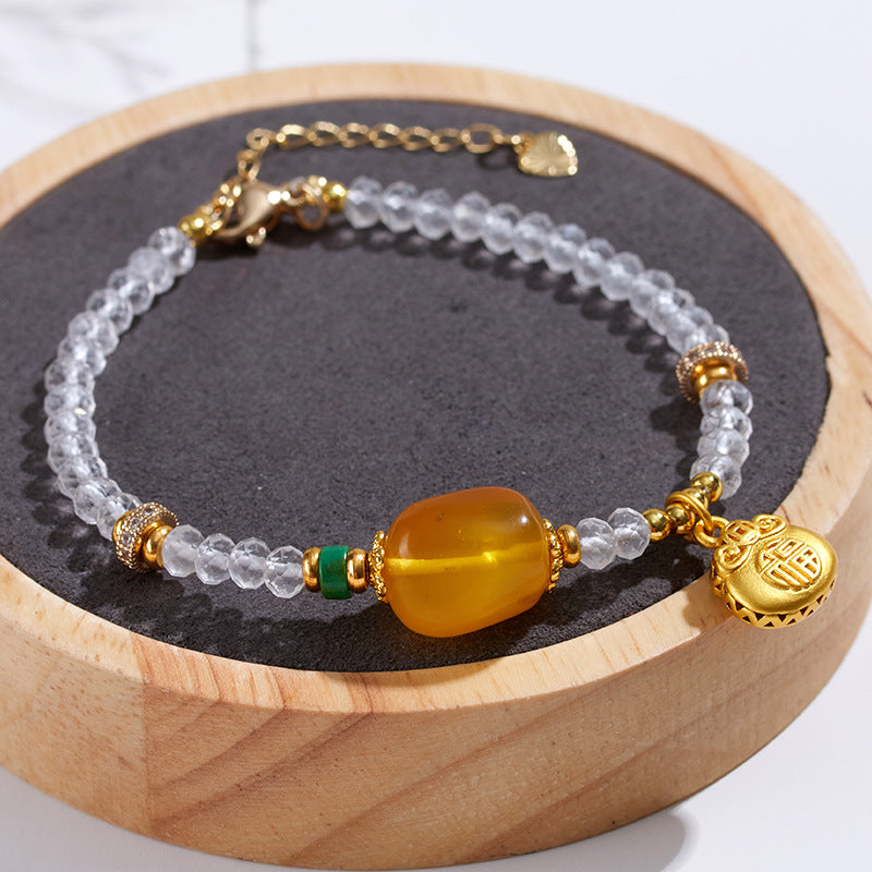 Natural Carved White Crystal and Amber Bead Bracelet | Chinese Style Spiritual Jewelry for Women