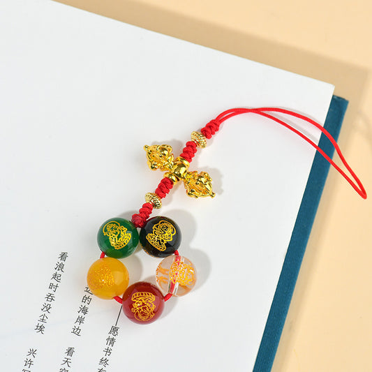 Natural Agate Five-Way God of Wealth Pendant with Vajra Buddha Beads - Mystical Wealth Charm