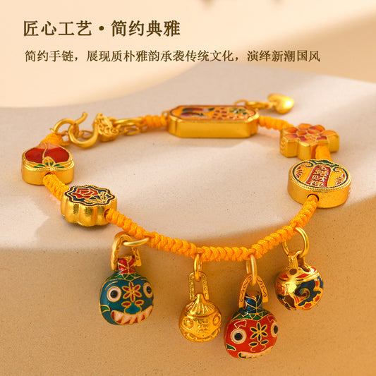 Gold-Plated Blue Enamel Gold-Swallowing Beast Family of Three Five-Way God of Wealth Hand-Woven Bracelet