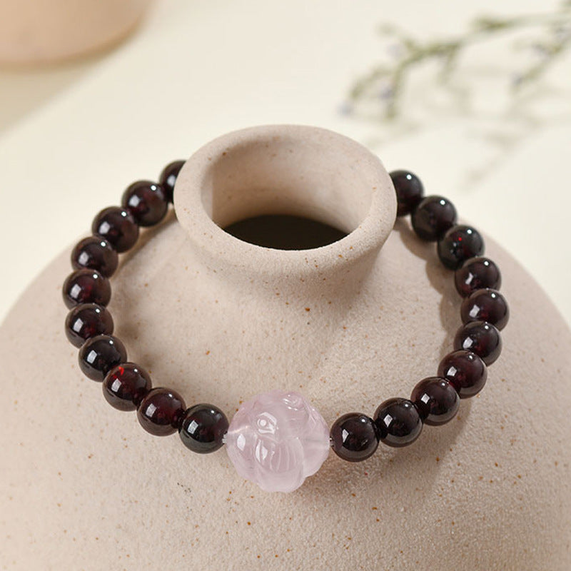Natural Crystal Garnet Rose Quartz Fox Bracelet - Chinese Style Women's Spiritual Jewelry