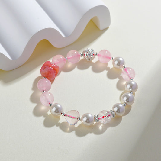 Natural Rose Quartz Pisces Crystal Bracelet with Shell Beads - Chinese Lion Dance Inspiration