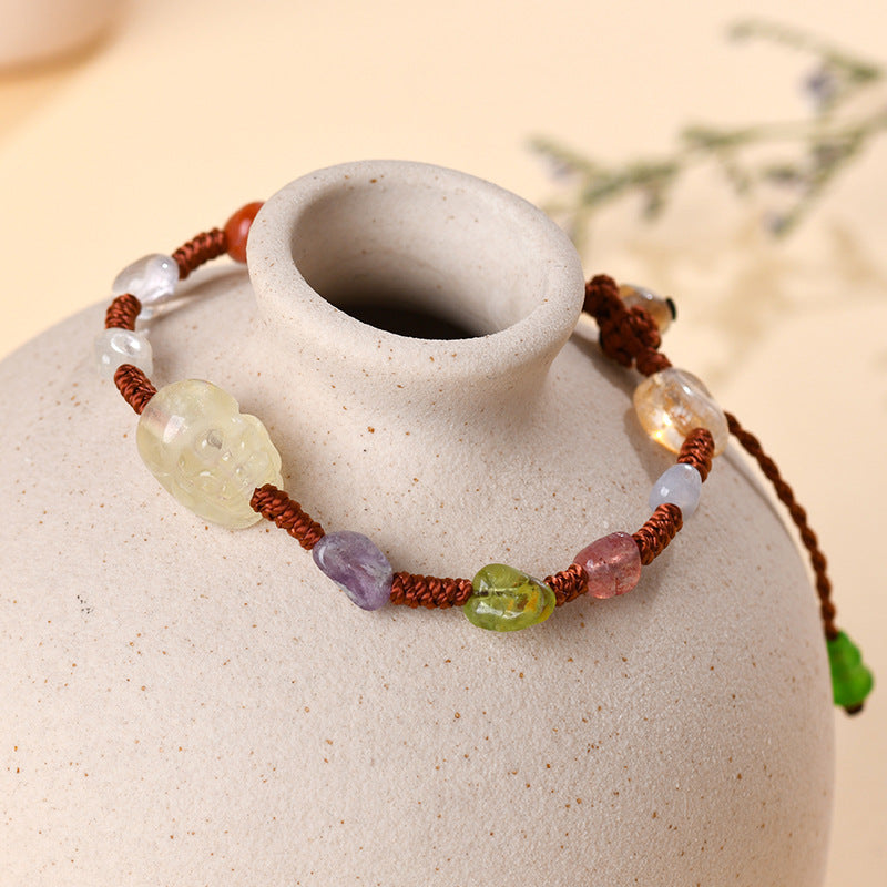Natural Yellow Crystal Pixiu Bracelet with Crushed Gemstones | Wealth Attraction Handwoven Amulet