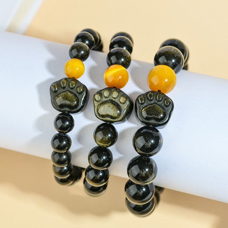 Golden Obsidian Tiger Eye Cat Claw Bracelet | Dual Energy Protection & Wealth Attraction
