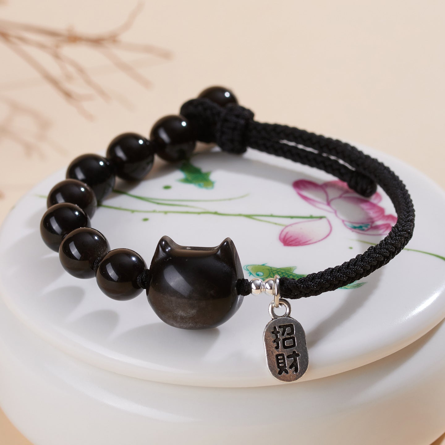 Mystical Silver Obsidian Cat Bracelet - Hand-Woven Protection Charm for Couples