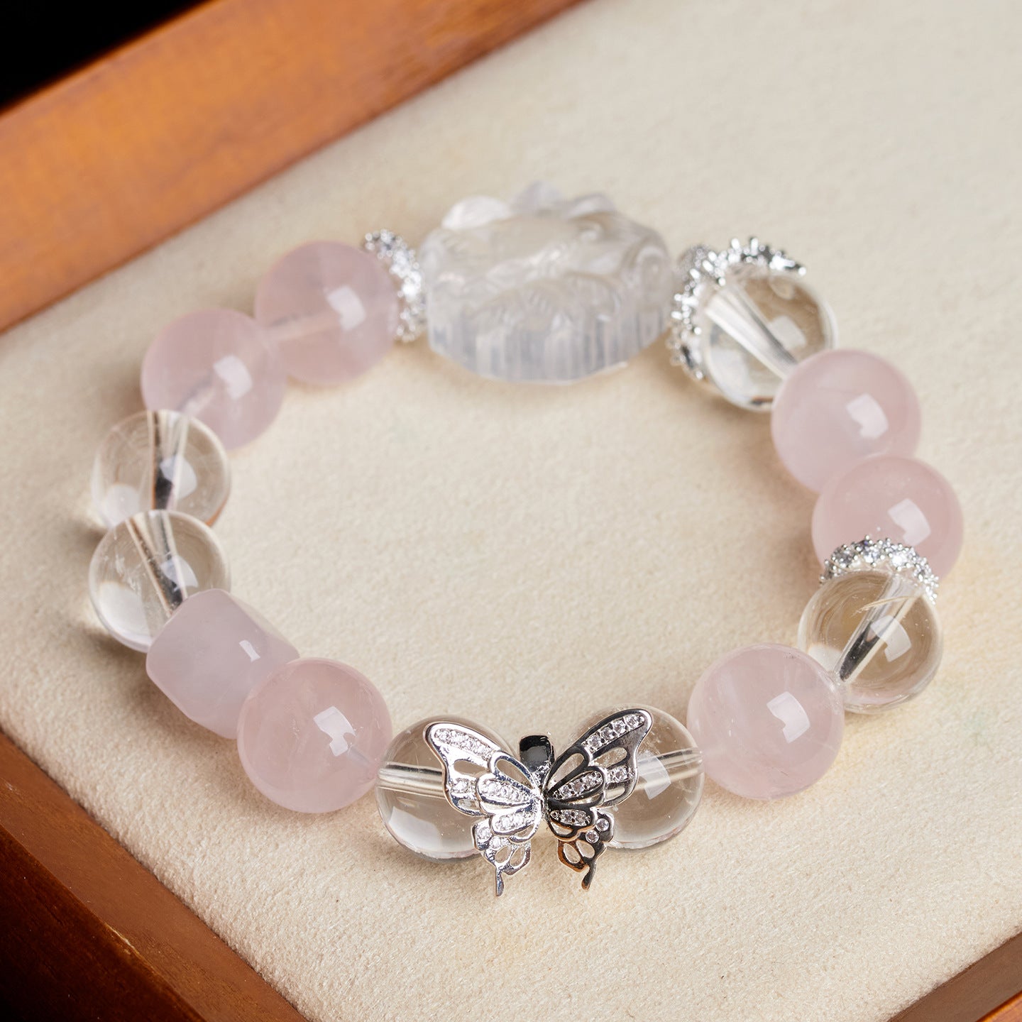 Natural Starlight Pink White Crystal Nine-Tailed Fox Butterfly Bracelet - Mystical Chinese Style Women's Charm
