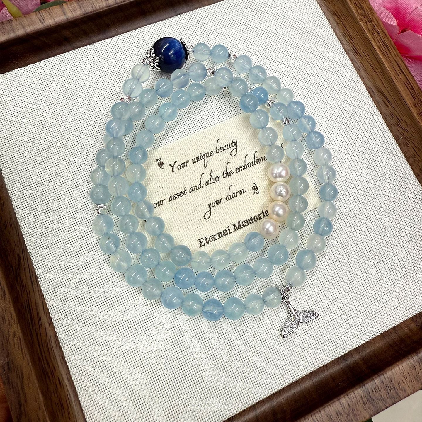 Aquamarine Pearl Kyanite Three-Circle Fish Tail Bracelet | Spiritual Energy & Fashion