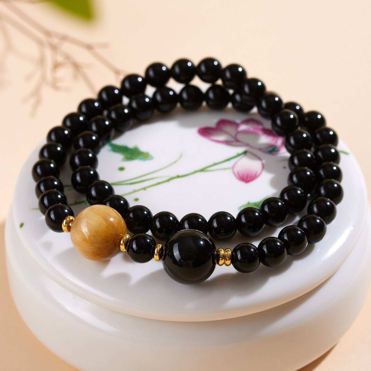 Natural Obsidian Gold Tiger Eye Double Circle Buddhist Bead Bracelet | Protection Wealth Spiritual Amulet