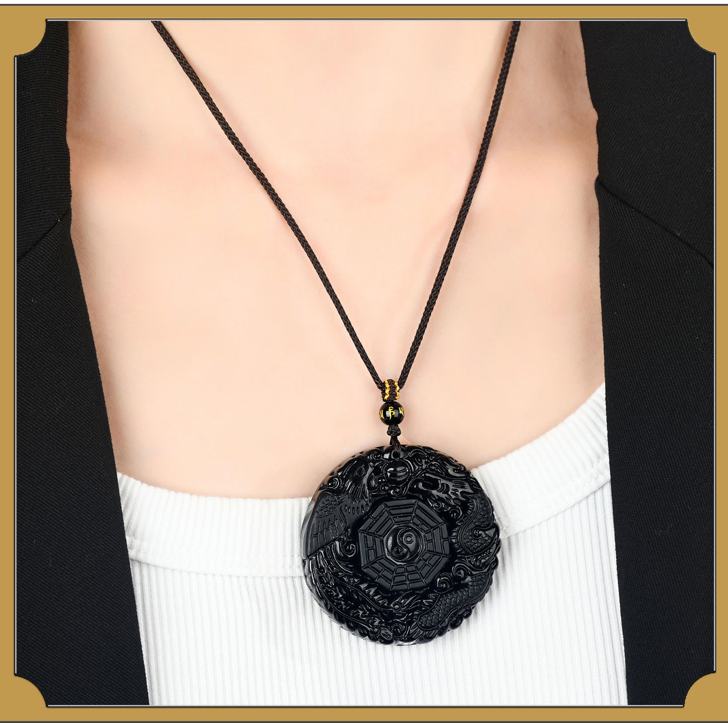 Natural Obsidian Dragon Phoenix Tai Chi Bagua Round Pendant Necklace - Harmony & Protection Amulet