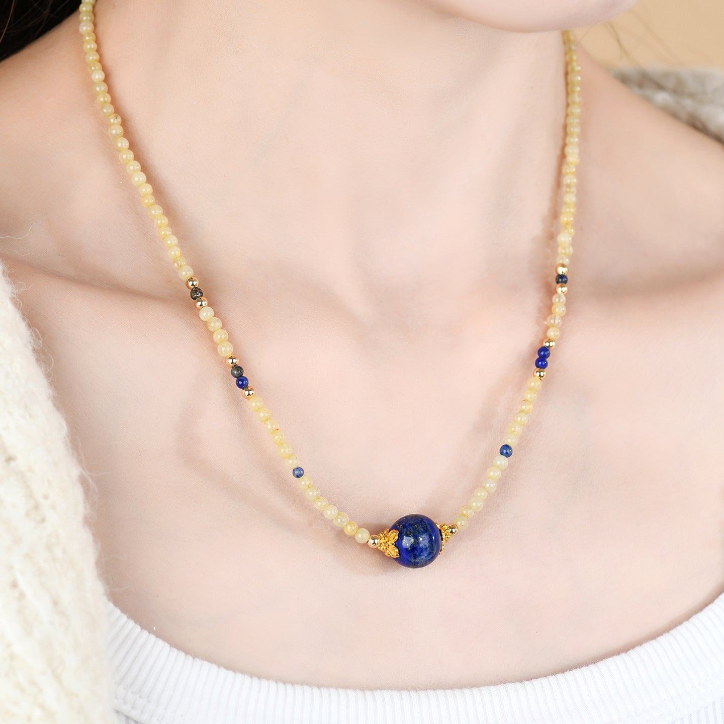 Natural Golden Rutilated Quartz Lapis Lazuli Collarbone Necklace | Wealth & Wisdom Talisman for Women
